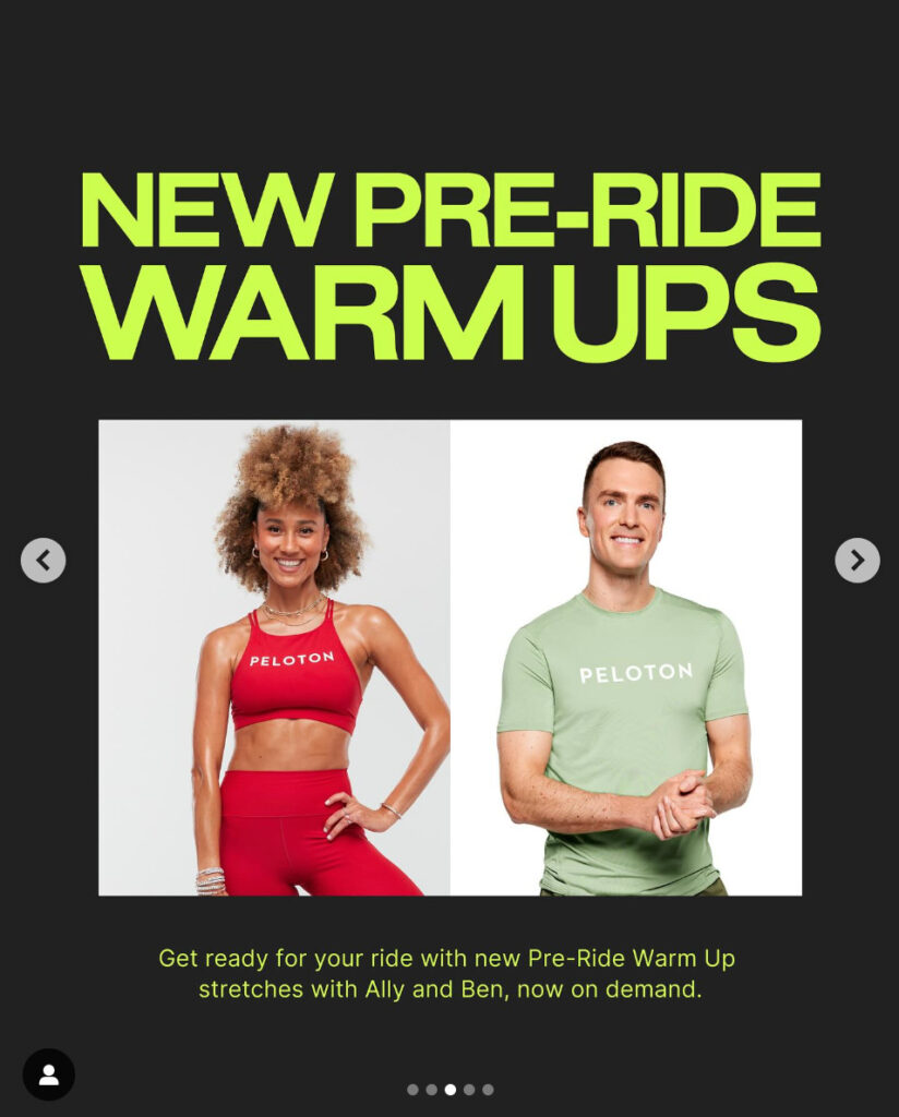 Peloton’s “This Week at Peloton” Instagram post highlighting new pre-ride warm-up classes. Image credit Peloton social media.